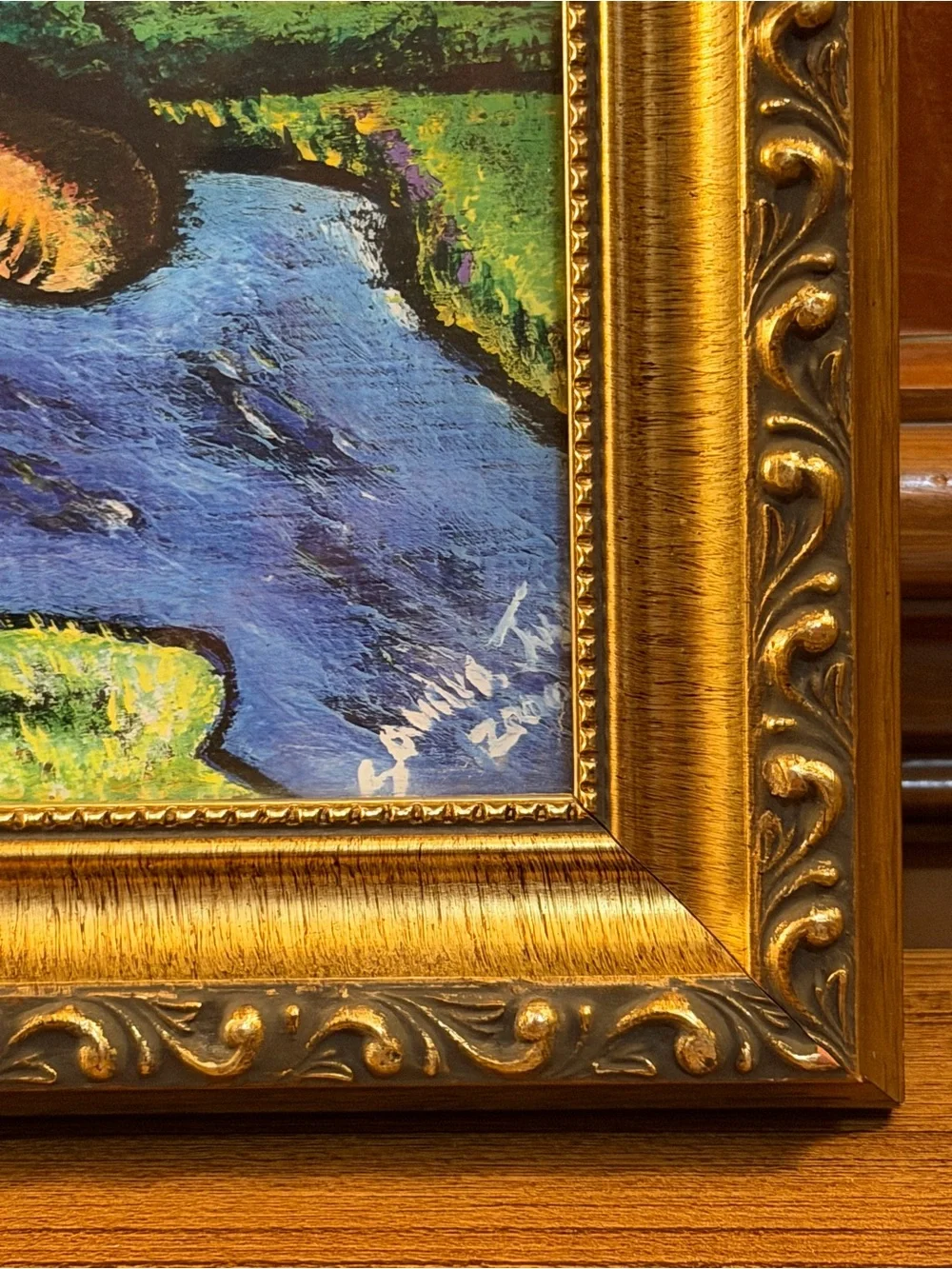 Signed Tropical Landscape Print Ornate Gold Frame Guitar Palm Trees 10”x10”